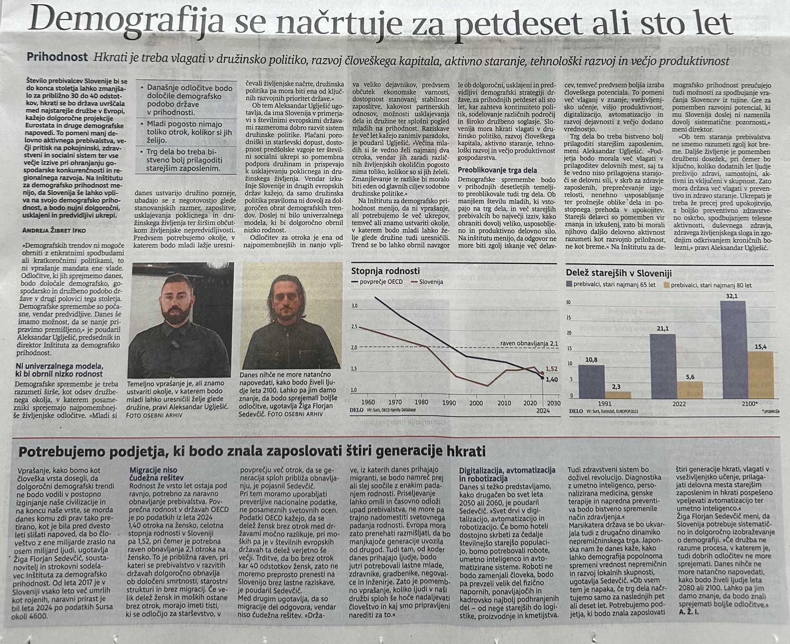 Inštitut za demografsko prihodnost predstavljen v časopisu Delo